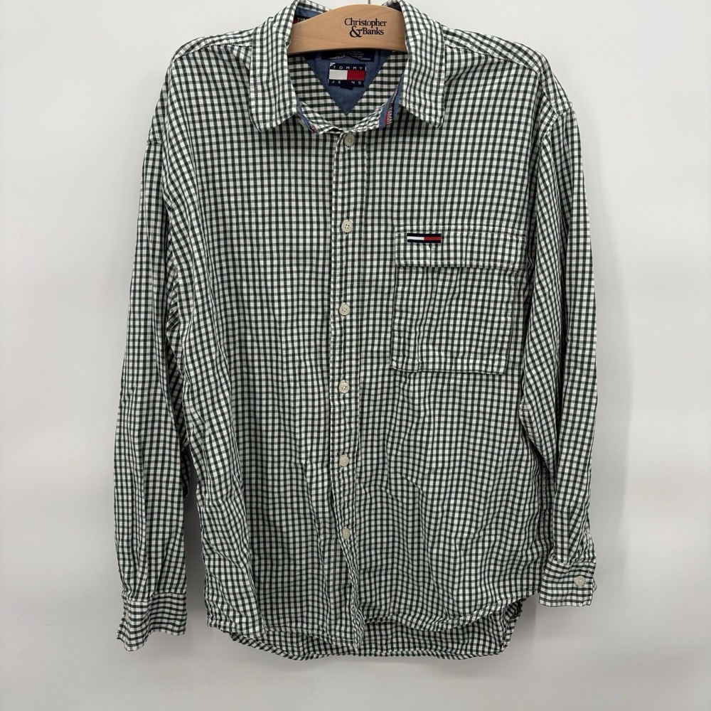 VTG Tommy Jeans Mens Green & White Plaid Long Sleeve Button-Down Shirt‎ Large